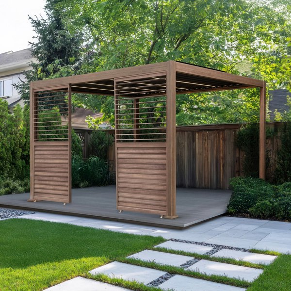 Wood effect aluminium pergola with LED lights, featuring two side panels, set in a lush garden with green grass and stone pathway