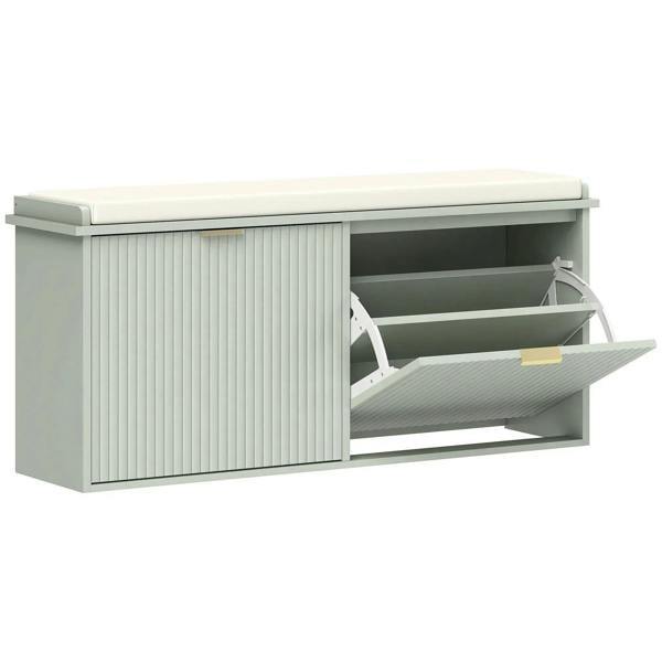 Green shoe storage bench with hinged top seat and ribbed door, open side compartment.