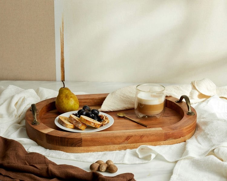 Acacia Wood Rustic Serving Tray with Brass Handles from What a Host Home