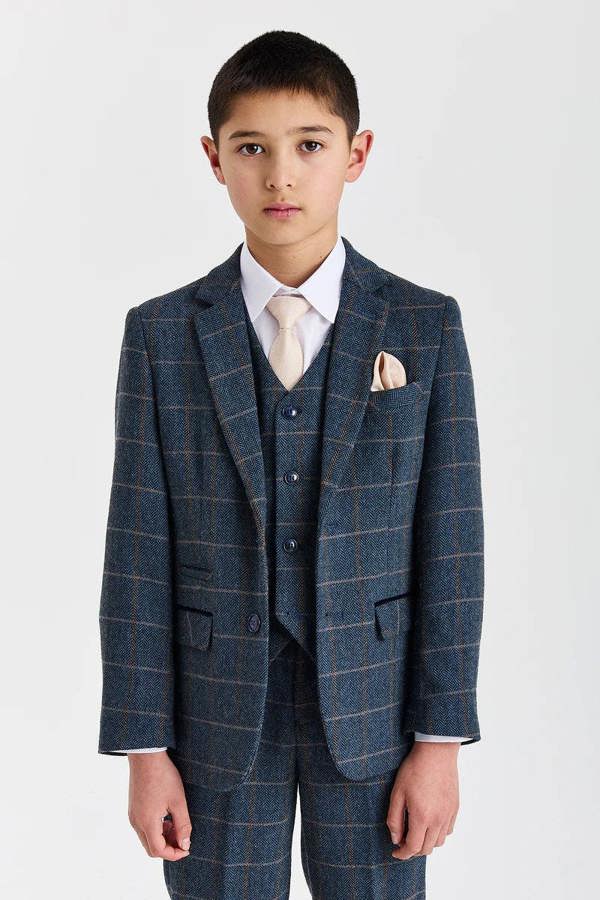 Paul Andrew Harris - Boys Navy 3 Piece Wool Blend Tweed Suit