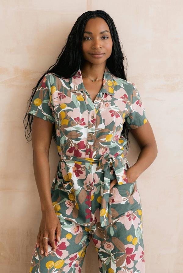 Lily & Me Josie Linen Blend Cropped Jumpsuit Ceres Laurel Green