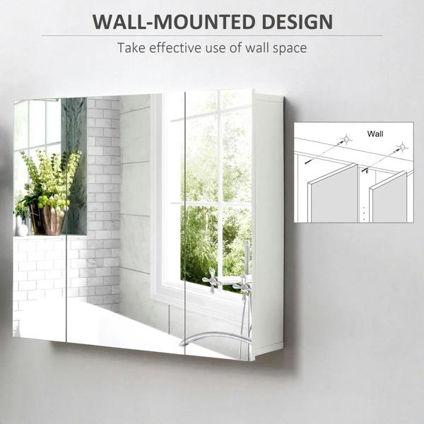 White wall-mounted mirror cabinet with mirrored doors, mounted on a bathroom wall