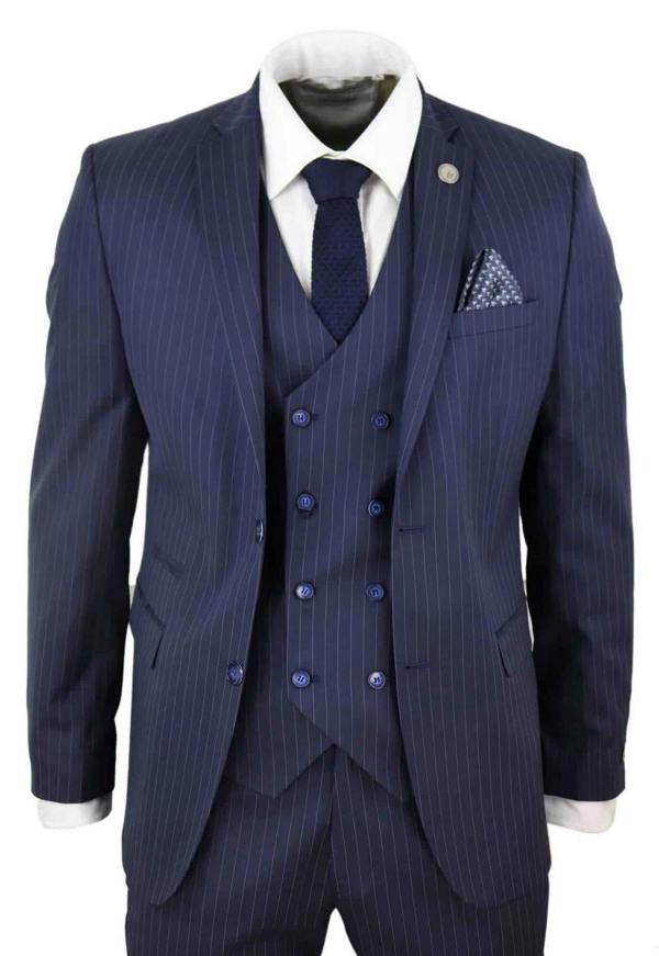 TruClothing Men's 3 Piece Navy Blue Pinstripe Retro Suit