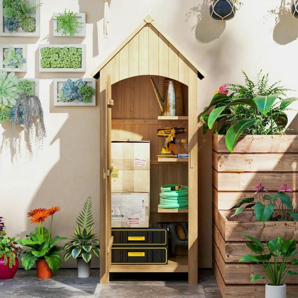 Natural wood storage shed with open double door showing shelves and tool storage inside