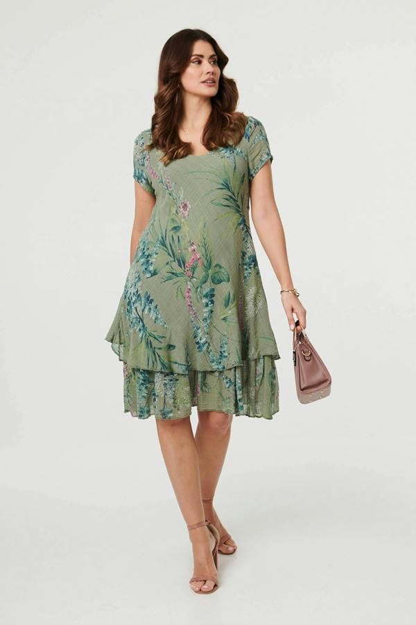 Green | Floral Layered Short Sleeve Midi Dress