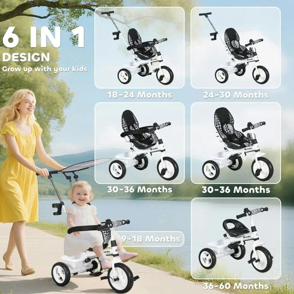 White 6-in-1 kids tricycle with removable canopy seat, shown in multiple configurations