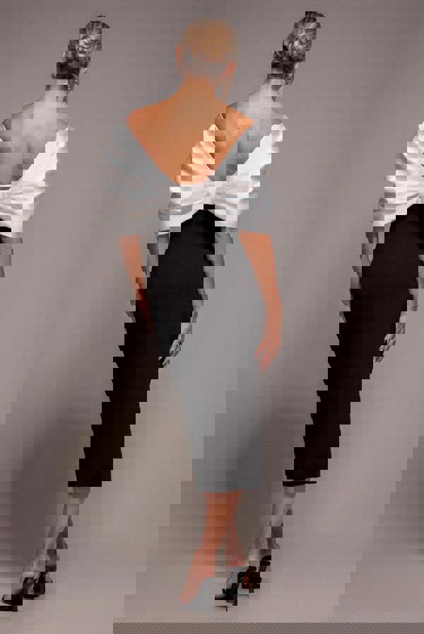 Contrast Off Shoulder Back Satin Bow Scuba Midi Dress - Black Cream DR4939