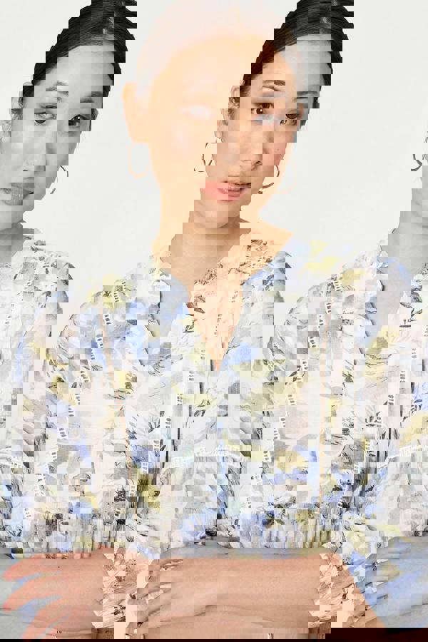 Blue | Floral Lace 3/4 Sleeve Ruched Blouse