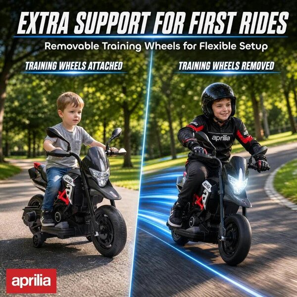 6V Kids Electric Motorbike with Training Wheels, Headlight, Music, Horn for 80-110 cm Height, 18 Months-4 Years, Black