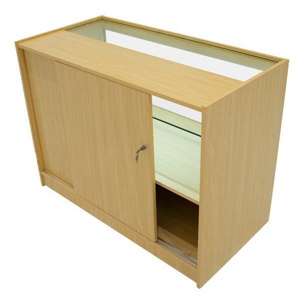 Selene LED shop counter set in maple finish, featuring a sliding door, glass display area, and sleek modern design for retail spaces