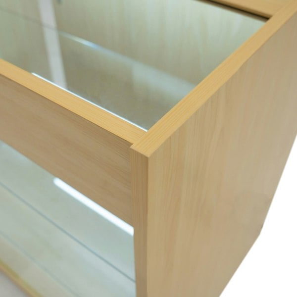 Maple LED retail shop counter K1200 featuring a sleek design, glass top, and illuminated shelves for showcasing products