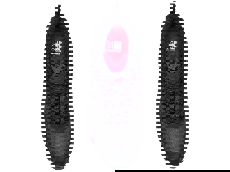 Karrimor Bodmin Mid 6 Womens Walking Hiking Trekking Boots, top view of a black and purple hiking boot with laces and padded collar.