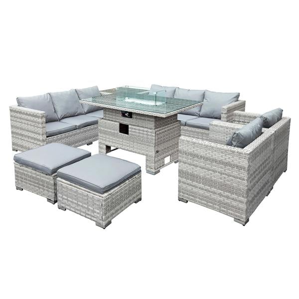 malta rattan 10 seat rising firepit u shape set in dove grey with 2 footstools