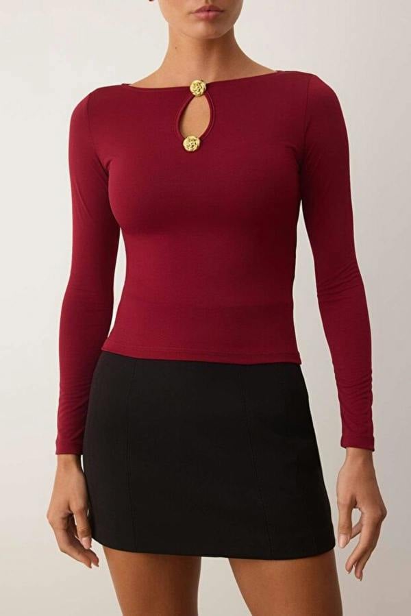WOVCOR Accessory/Cut out Detailed Long Sleeve Fitted Knit Blouse