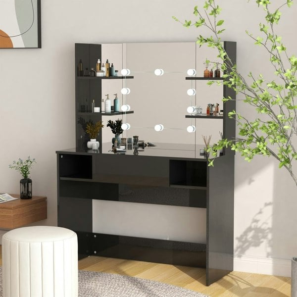 Berkfield Makeup Table with LED Lights 100x40x135 cm MDF Shining Black