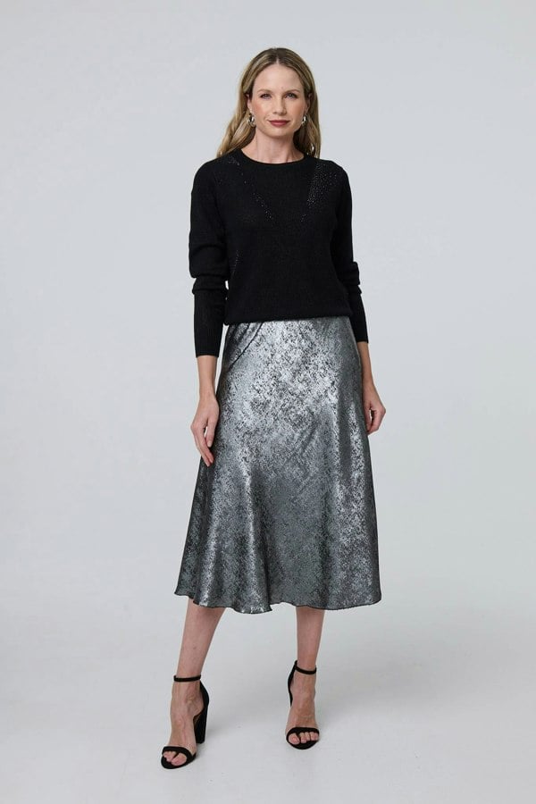 Silver | Metallic A-Line Midi Slip Skirt
