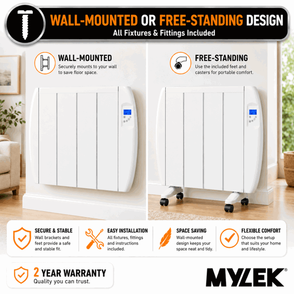 MYLEK Panel Heater Radiator 1000W Electric with Programmable Digital Timer