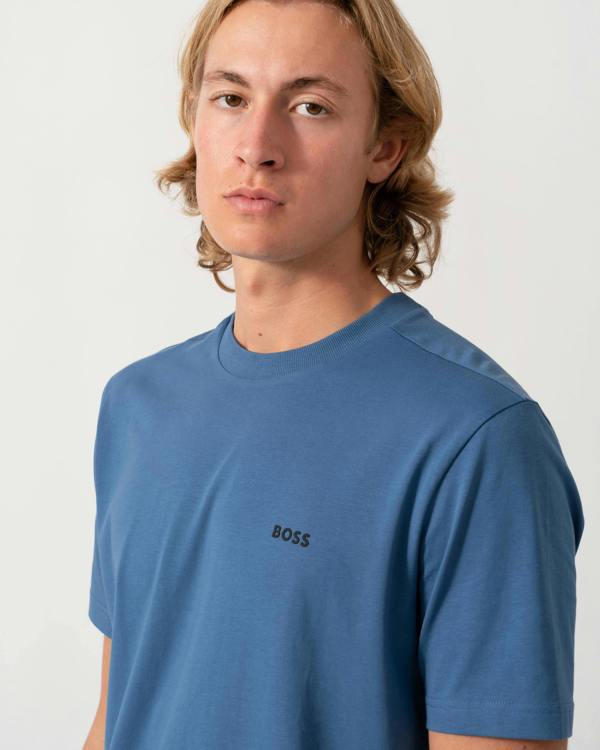 BOSS Green Tee Mens Stretch Cotton T - Shirt with Contrast Logo - Medium Blue 427 | CHO | Designer Mens Logo T - Shirts