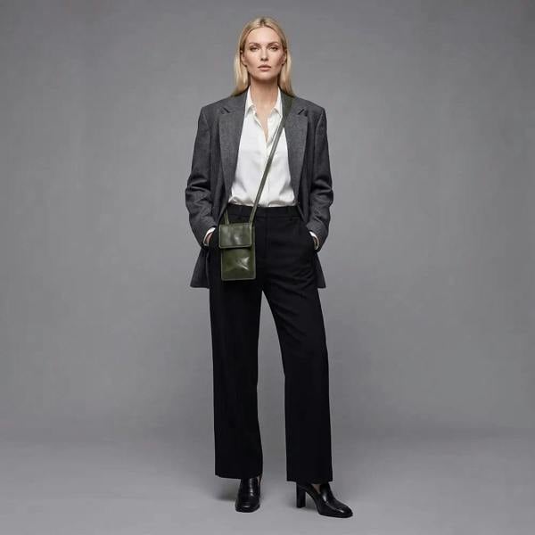 Green women's leather phone crossbody bag with adjustable strap and rear slip pocket.