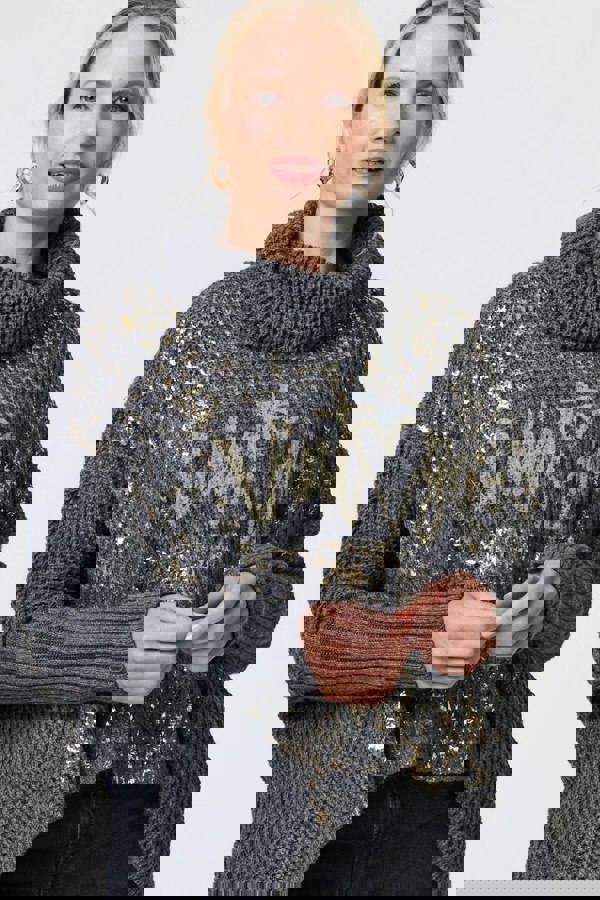 Grey | Graphic Print Metallic Roll Neck Jumper
