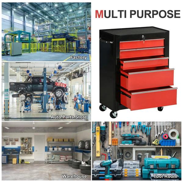 Lockable steel tool chest with 5 red drawers and caster wheels for workshop storage