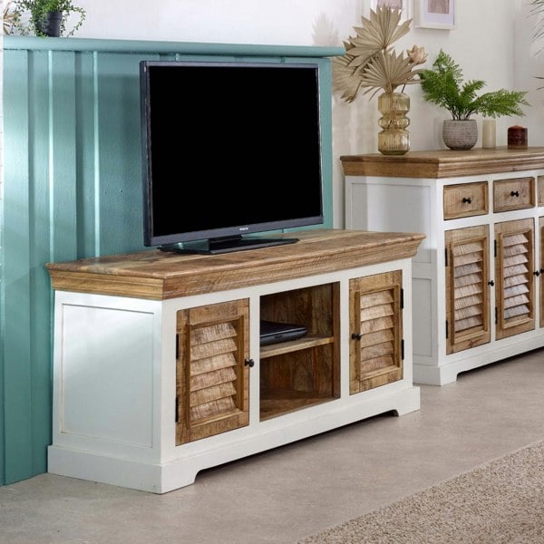 IH Design Milano Solid Mango Wood TV Cabinet White