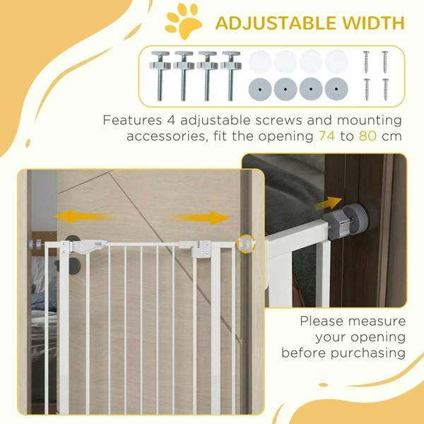 White adjustable pet gate with mounting hardware and screw points