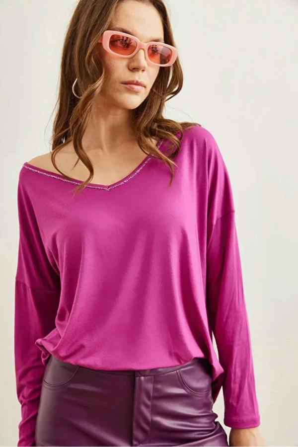 Hoxton Gal V-Neck Viscose Blouse with Silver Stitching Details