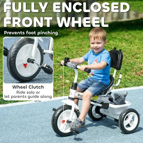 White kids tricycle with enclosed front wheel, padded seat and child safety harness