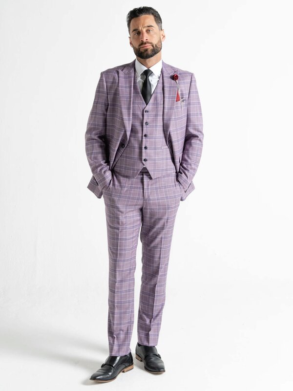 V2 Classic Kensignton Three Piece Suit - Lilac with White and Navy Blue Checks