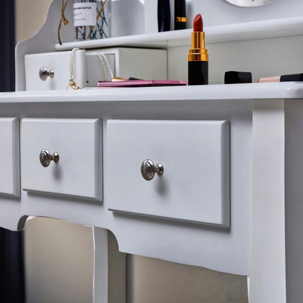 Rafaelo Mobilia 5 Drawer White Dressing Table With Mirror And Stool