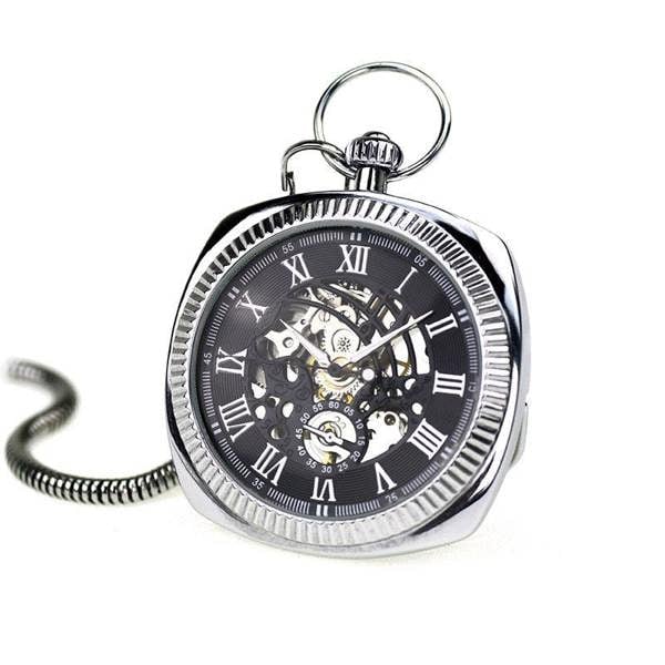 Infinity Leather Mechanical Vintage Skeleton Square Open-Face Pocket Watch