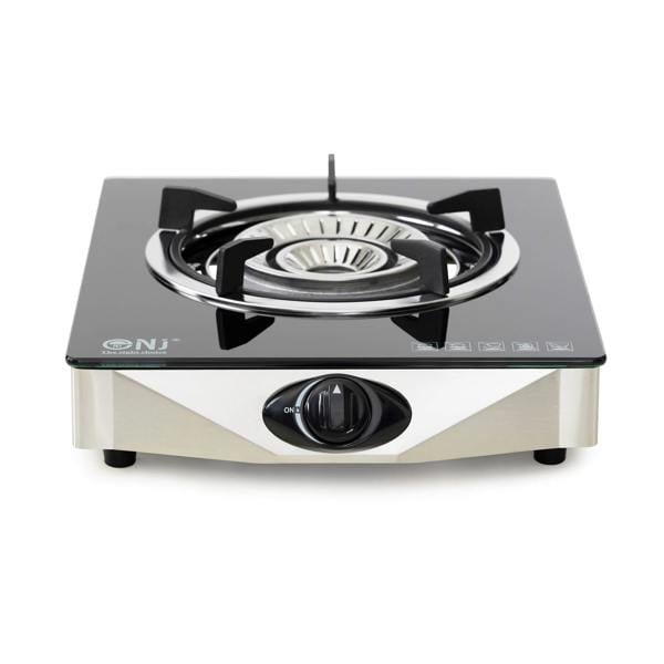 Single burner gas stove with black glass cooktop on a white background
