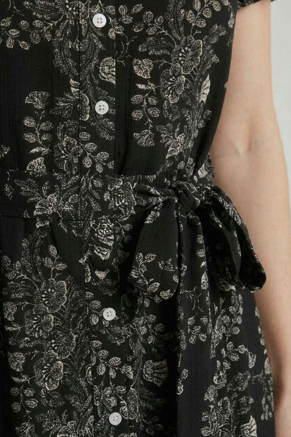 Black | Floral Short Sleeve Tie Shirt Midi Dress
