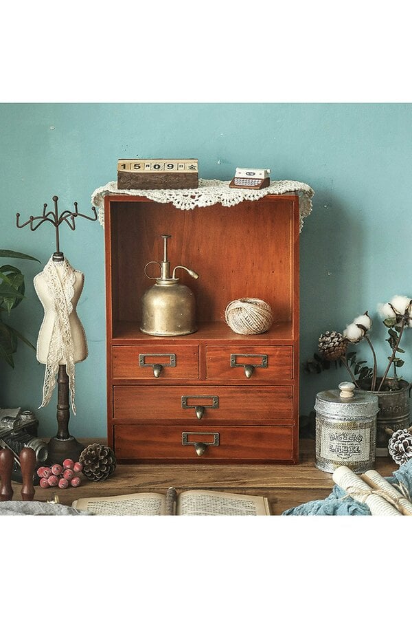 Living and Home Wooden Vintage Desktop Storage Cabinet Box with Drawer