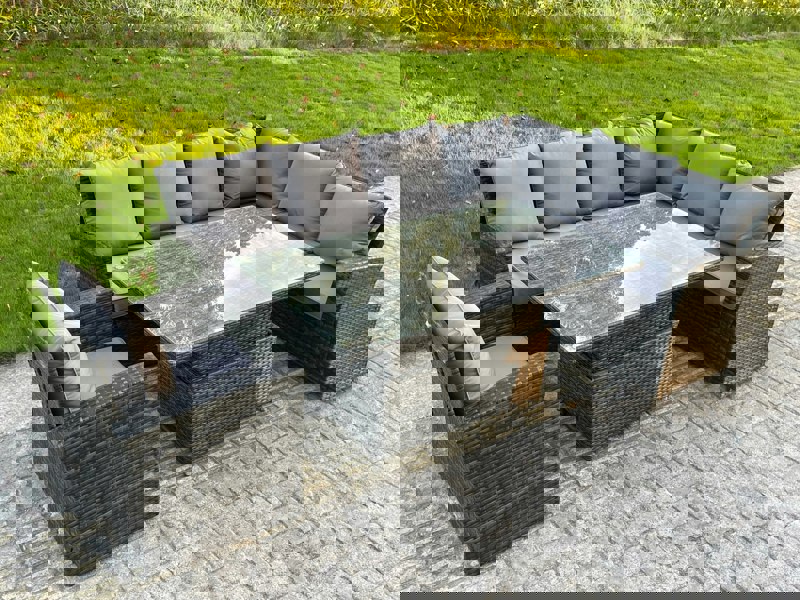 Fimous High Back PE Rattan Corner Sofa Set Garden Furniture Adjustable Rising Lifting Table Set With Armchair