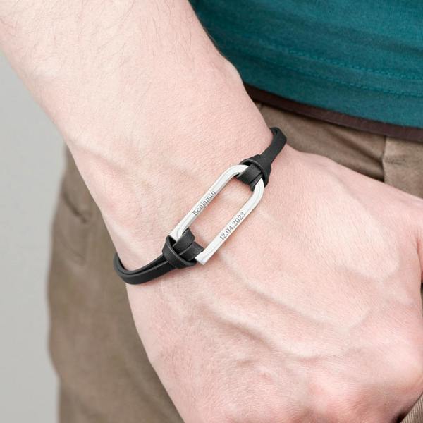 Personalised Men's Black Leather Bar Bracelet - close-up detail