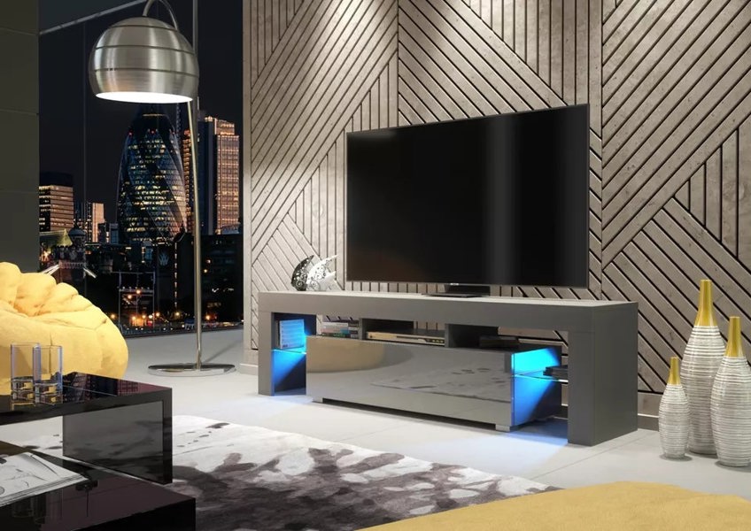 Mex Furniture 160cm TV Unit – Modern TV Stand Cabinet with Grey High Gloss Doors and Free LED