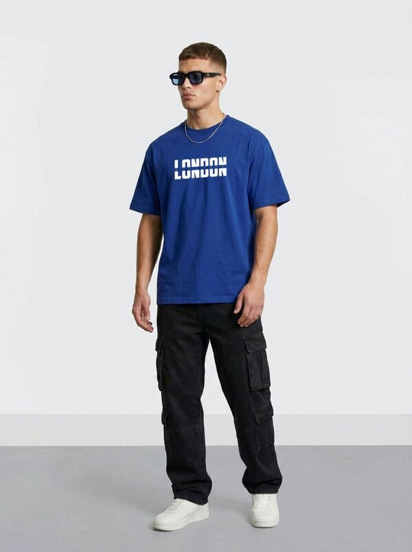 London Attitude Essential Split Graphic Premium Organic Cotton T-Shirt - Worker blue