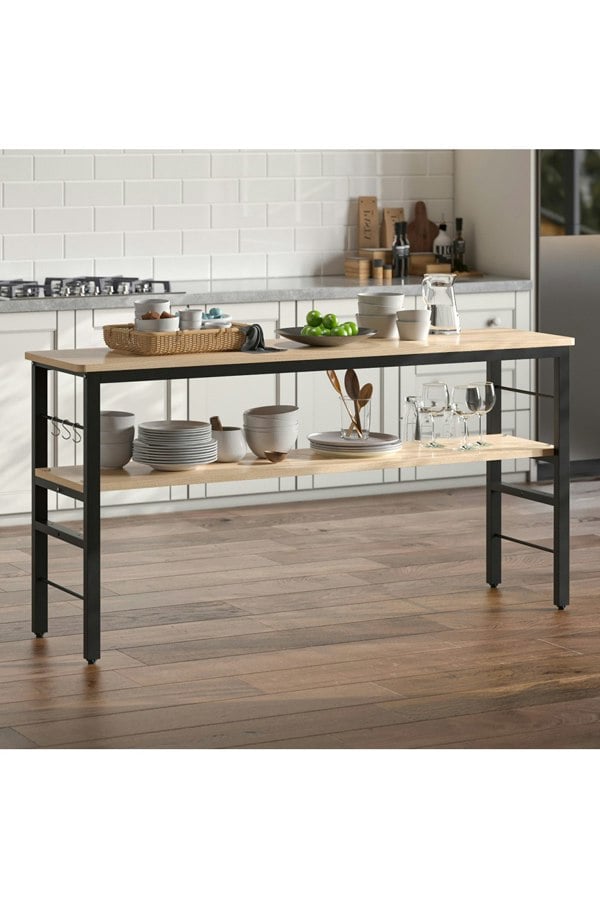 Living and Home 160 cm W x 40cm D x 80 cm H  2-Tier Microwave Stand Shelf Kitchen Organizer with Hooks Black