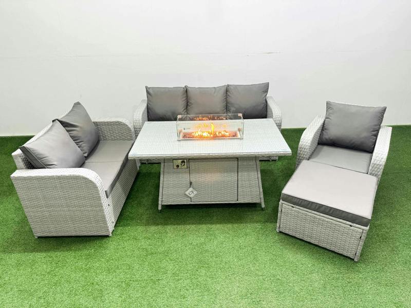 Fimous 7 Seater PE Wicker Rattan Garden Furniture Patio Set, Firepit Table, Reclining Chair, Loveseat, 3 Seater Sofa, Big Footstool, Light Grey