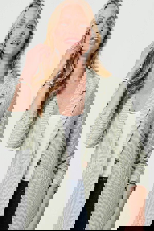 Green | Checked 3/4 Sleeve Button Front Blazer
