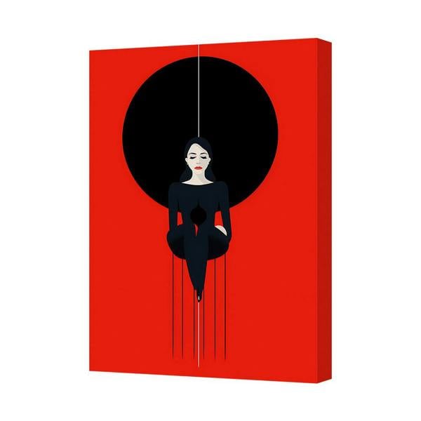 Benjamin Tate Design Abstract Red Canvas Wall Art Print With Black Circle And Floating Woman