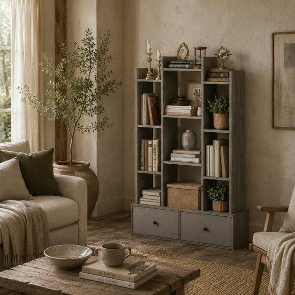 Wyld Haus Rive Keba Wooden Graphite Wood Effect 12 Compartment Storage Unit With Drawers