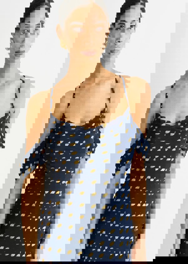 Gini London Navy Cowl Neck Drop Sleeves Foil Maxi Dress