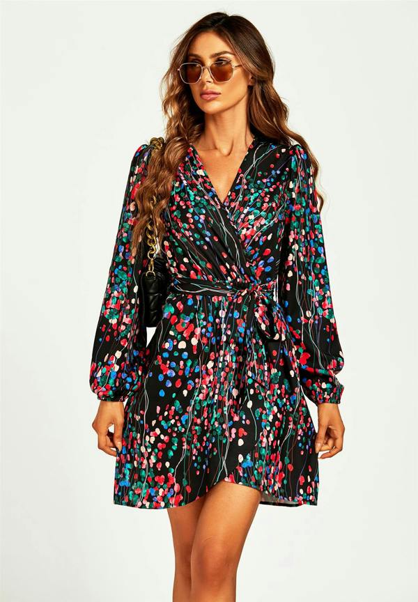 FS Collection Abstract Floral Print Wrap Mini Dress In Black