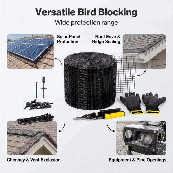 Mountview Bird Proofing Mesh Set PVC 60 Fixing Clips 30m for Solar Panel Black