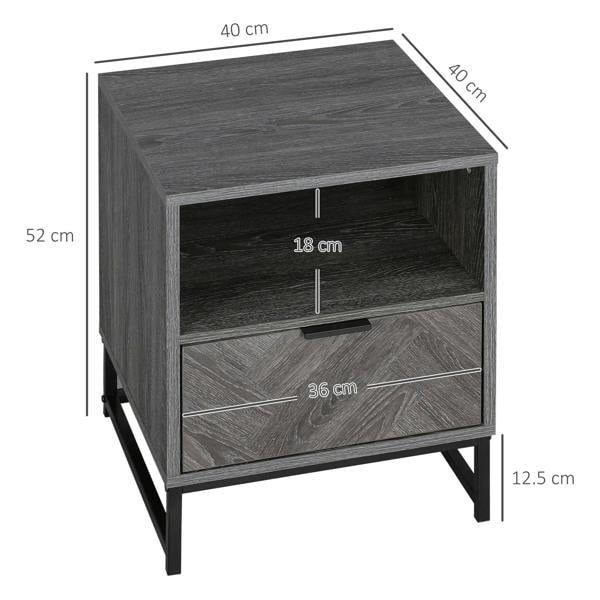 Dark grey bedside cabinet with top shelf, front drawer, and steel legs.