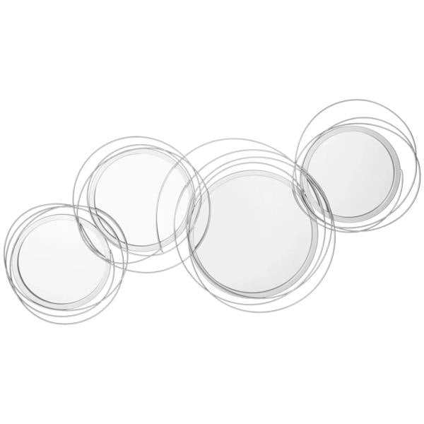 Silver circular metal wall mirror set with five linked ring frames, reflective glass