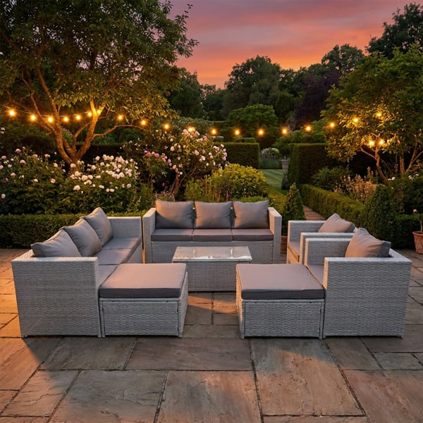 Fimous 10 Seater Rattan Garden Furniture Set with 2 Sofas, 2 Armchairs, Coffee Table & 2 Footstools - Light Grey Mixed